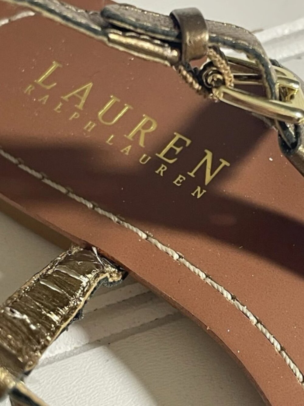 Lauren Ralph Lauren Leather Braided Slingback Thong Sandals Women's 5.5B Gold - Picture 3 of 12